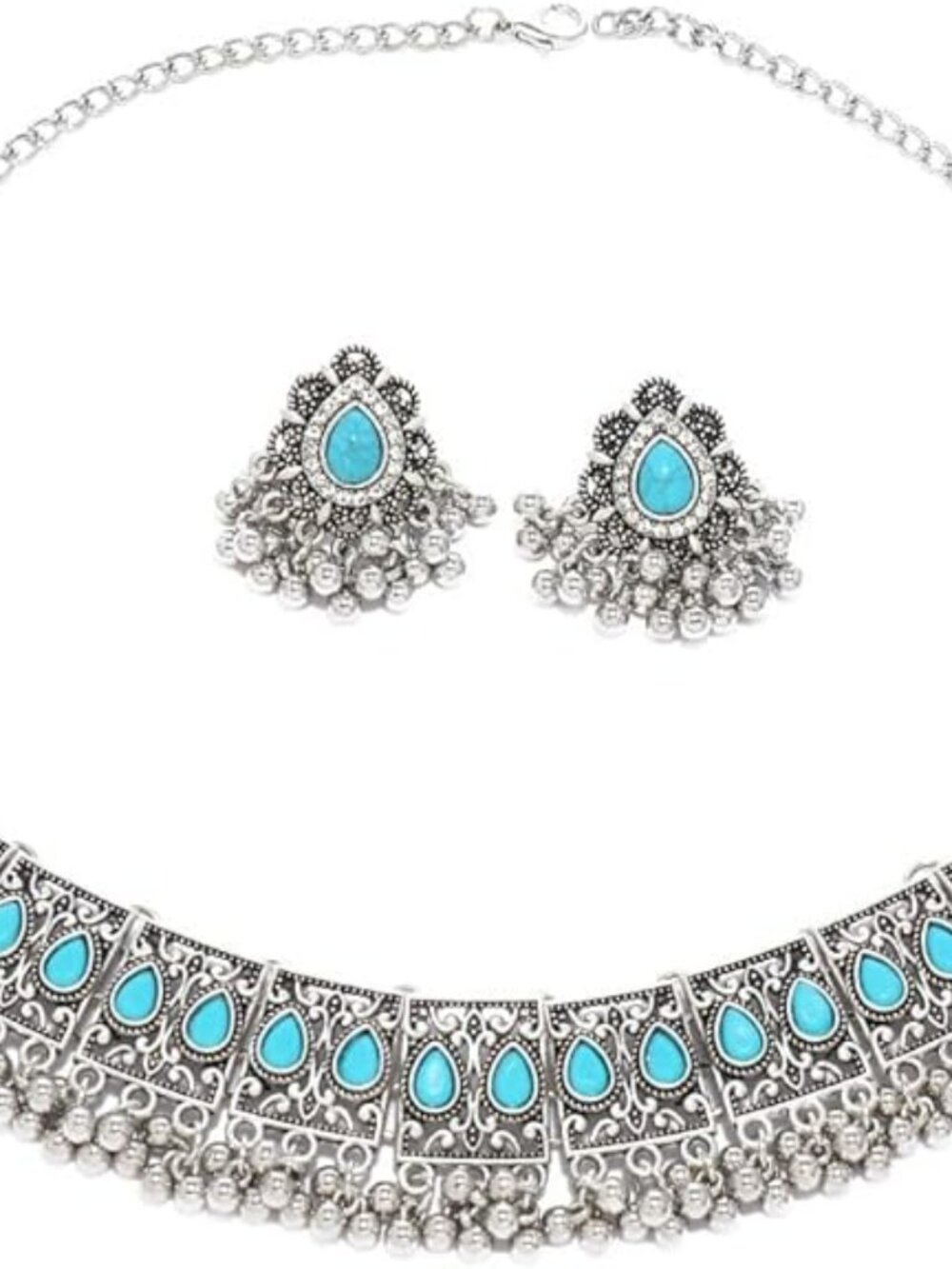 New Set Turquoise Indian Jewelry Silver Western Cowgirl Necklace Earrings Boho